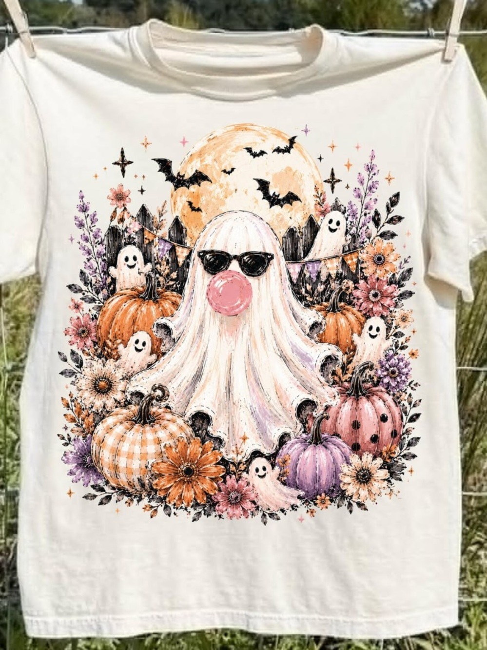Off White Ghost Bubblegum Graphic Tee with Pumpkins